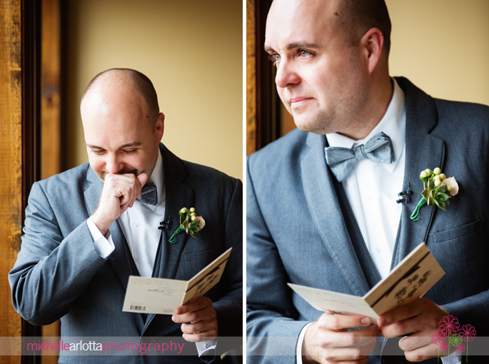 groom tearing up reading bride's card