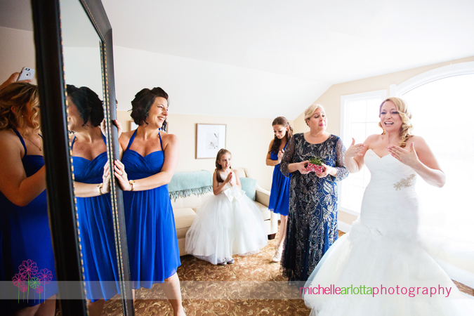 bride reacts to seeing herself in full length mirror