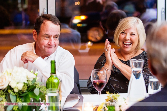 guests laughing during toasts at treno pizza bar westmont New Jersey wedding reception