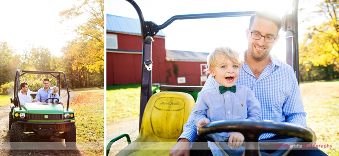 toddlers with his dad on John Deere gator during New Jersey candid family photography session