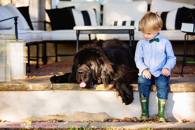 blond toddler with bowtie and Oxford shirt sits next to his black Newfoundland dog in bedminster, New Jersey during a family photography session with michelle Arlotta photography