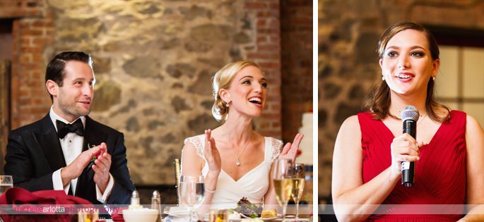 bride laughs during wedding toasts at brotherhood winery wedding with incredible caterers