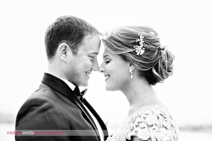 black and white portrait of smiling bride and groom for New Jersey wedding