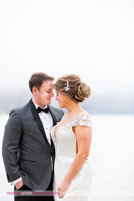 bride and groom portrait on lake mohawk in Sparta New Jersey
