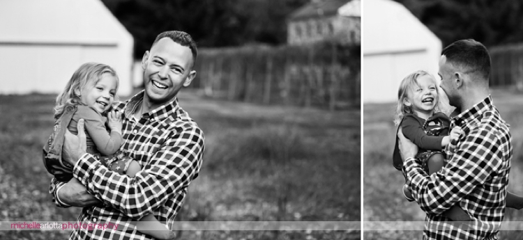 groom laughs with photographer's daughter at end of nj engagement session with michelle Arlotta photography