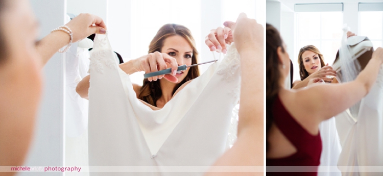 bride cuts tags off of chiarade wedding gown at Ryland inn nj wedding