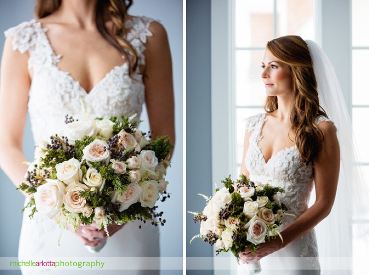 portrait of bride in chiarade wedding dress and winter bouquet by crest florist
