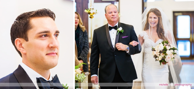 groom watches bride in chiarade wedding gown walk down the aisle in New Jersey