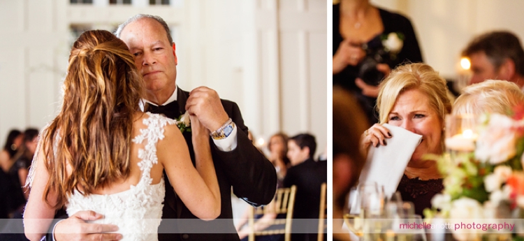 bride dances with father as mother wipes tears away during Ryland inn wedding