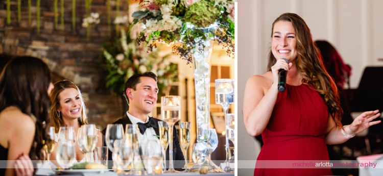 maid of honor in red bridesmaid dress gives toast at New Jersey wedding
