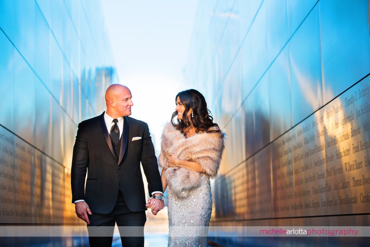 winter wedding couple in empty sky 9/11 memorial