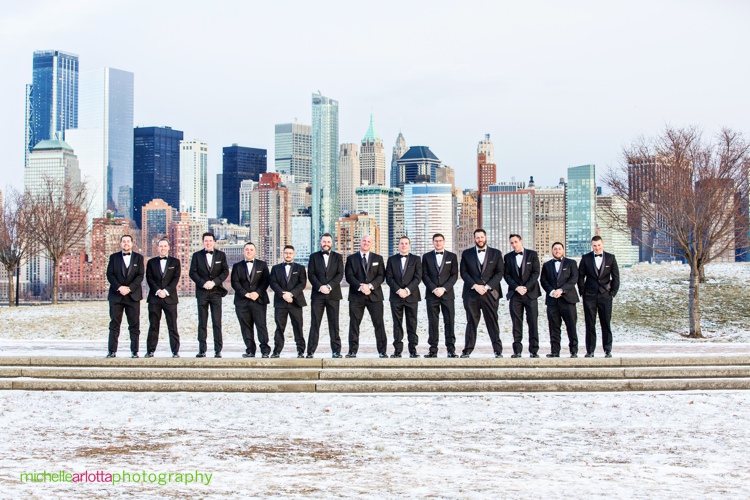 groomsmen in tuxedos winter wedding liberty state park