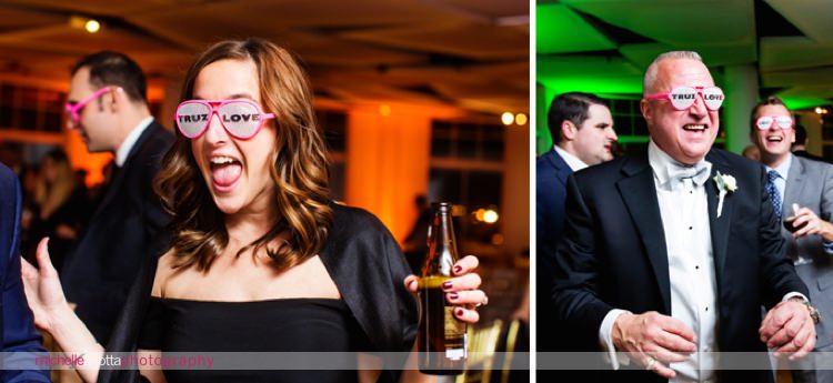 wedding guest wearing personalized sunglasses during reception