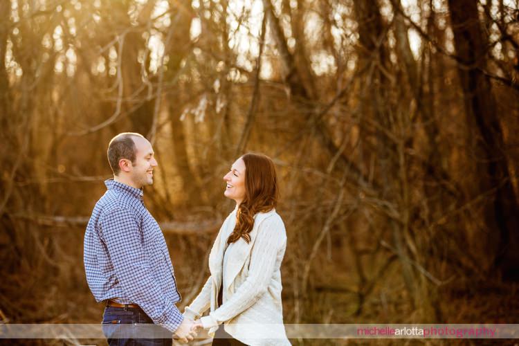 winter golden hour Frenchtown New Jersey engagement session
