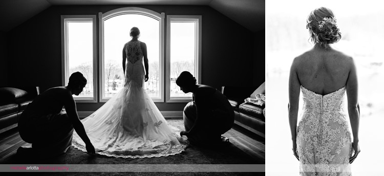 silhouette of bridesmaids adjusting bride's dress for rock island lake club same sex winter wedding