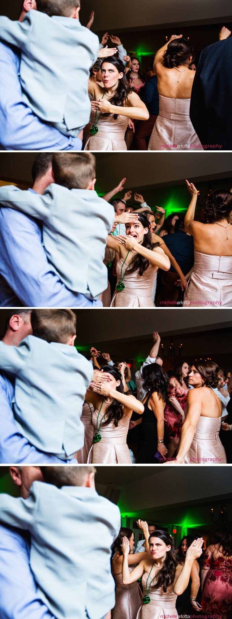 bridesmaid makes a series of faces at little kid during wedding reception