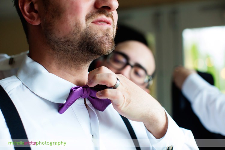 purple bow tie blue suit groom attire