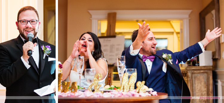 bride and groom cheer during toasts at rock island lake club wedding