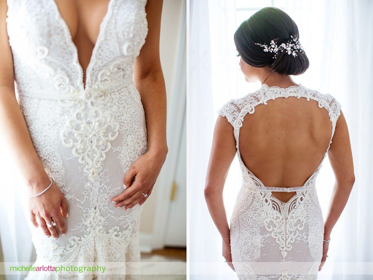 New Jersey bride wearing berta wedding dress showing front and back of dress