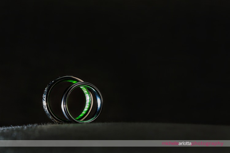 two grooms wedding rings inside jade green detail