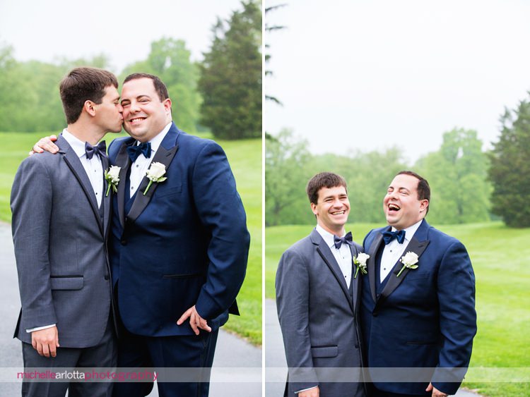 two grooms smiling during portraits at New Jersey's rockaway river country club in denville nj