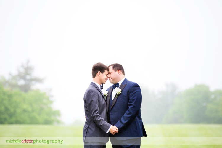 two grooms in grey and blue suits at rockaway river country club