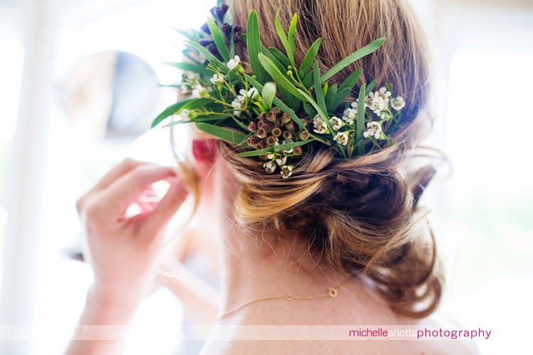 botanical hairpiece worn by super chill rock island lake club wedding bride by styles on location