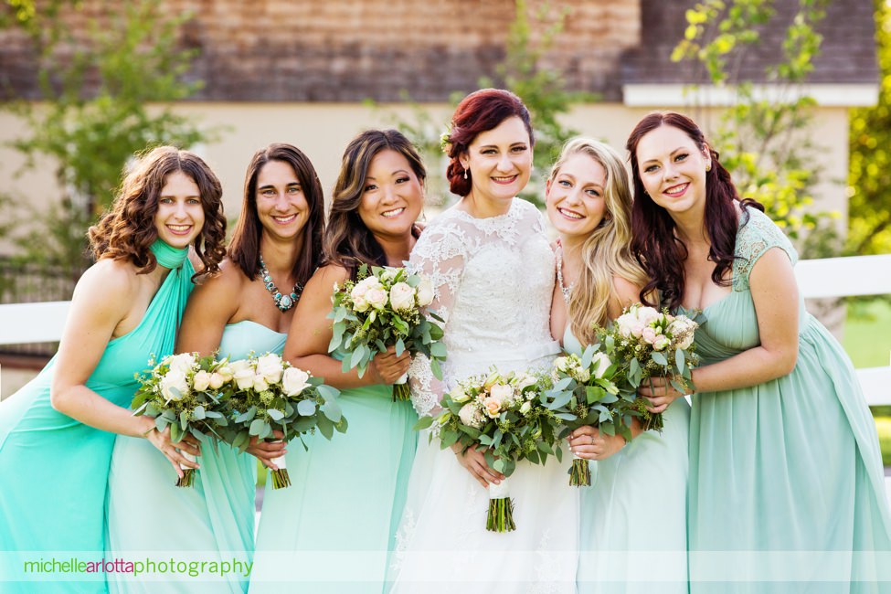 New Jersey bridesmaids in shades of mint for summer ryland inn coach house summer wedding