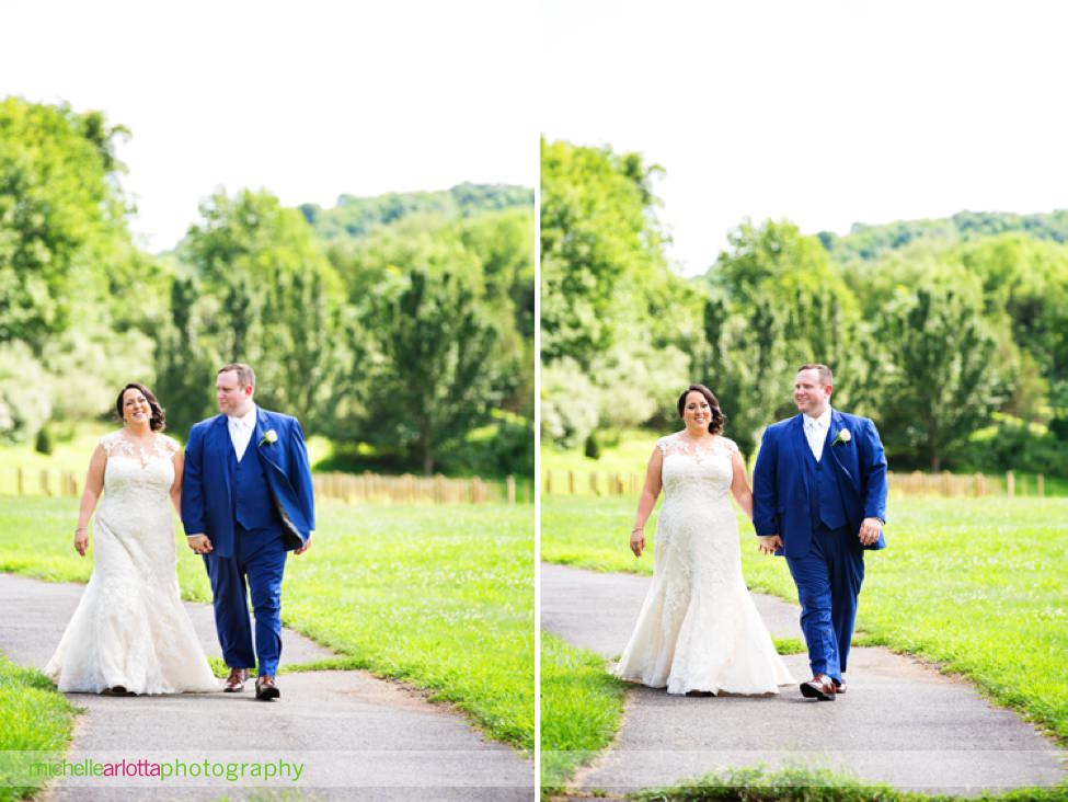 bride in pronovias dress groom in blue suit portrait at New Jersey bear brook valley wedding