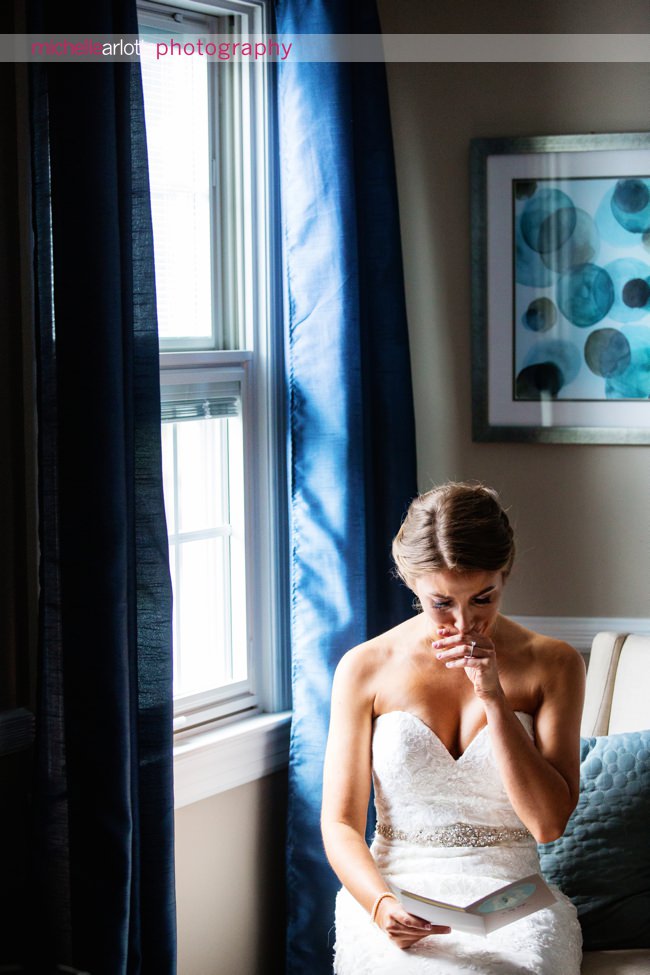 New Jersey bride cries while reading card from groom