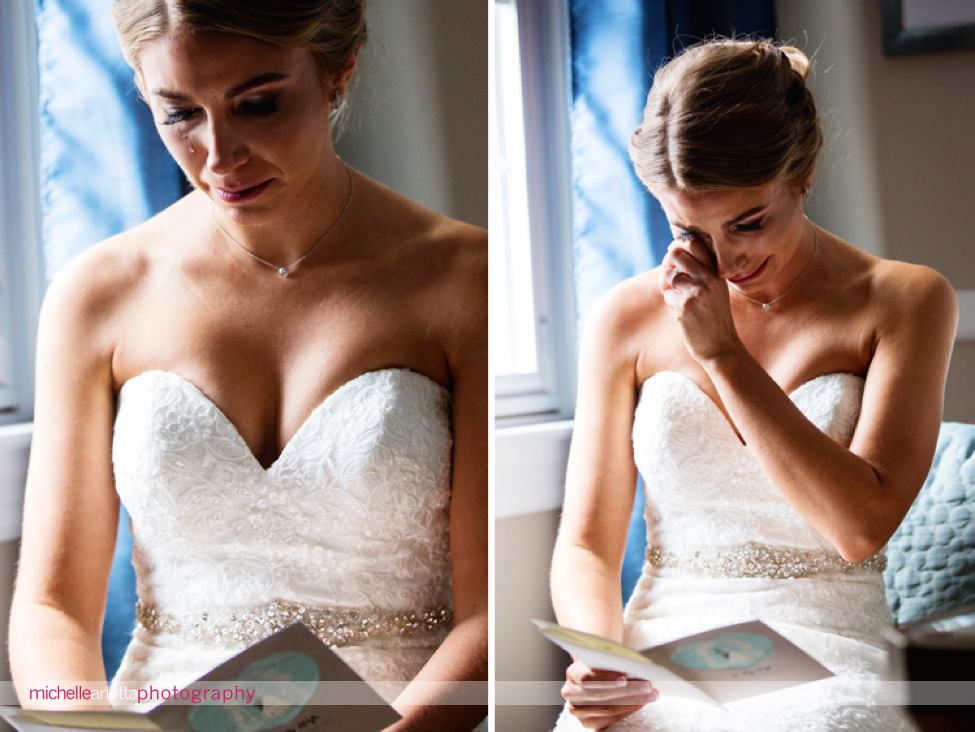 New Jersey bride cries while reading card from groom