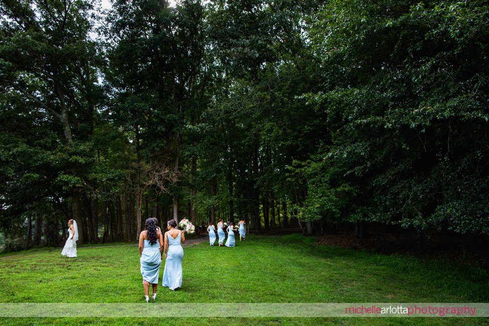 bridesmaids in dessy collection mist colored dresses walk at turkey swamp park in nj
