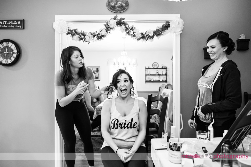 Bear Brook Valley Winter Wedding New Jersey bride laughing while getting hair done