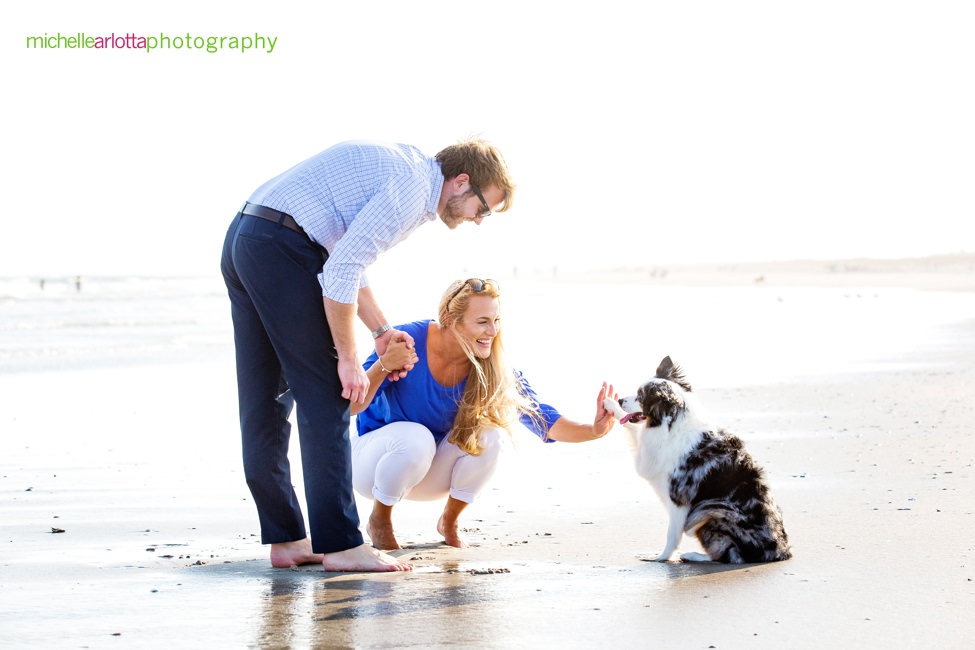 Avalon NJ Beach engagement session with dog high-fiving