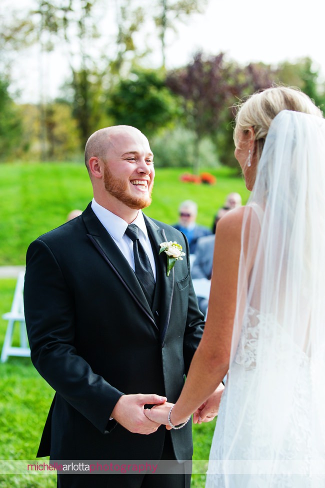 bear brook valley autumn outdoor wedding ceremony groom laughing