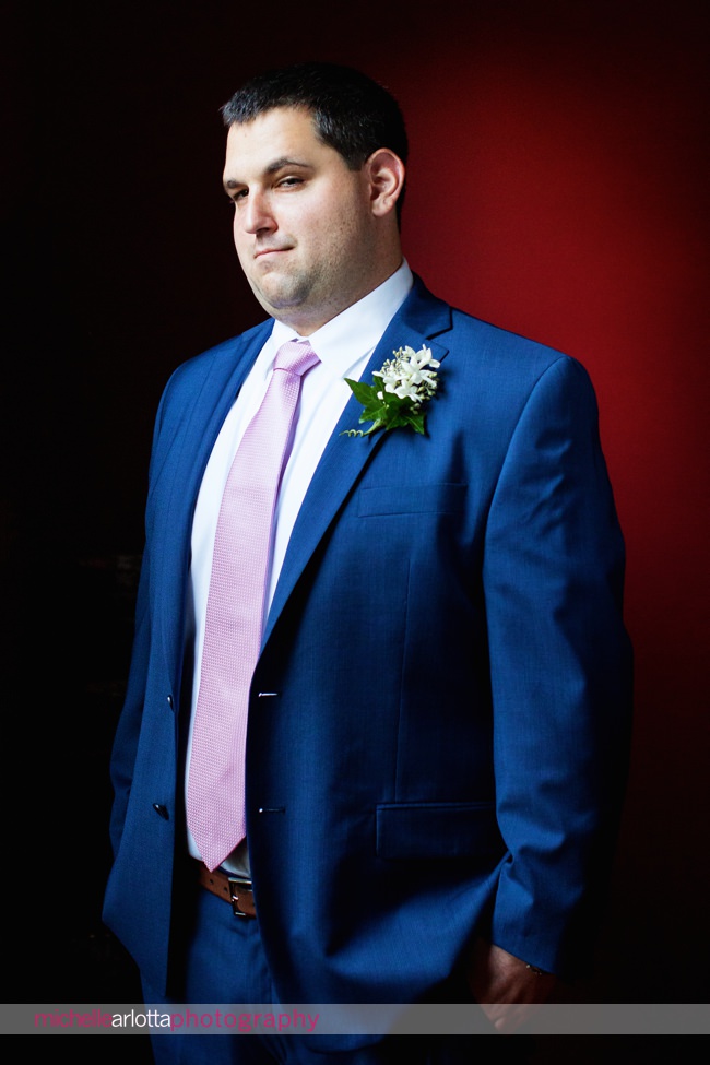 boathouse at mercer lake wedding groom portrait blue suit