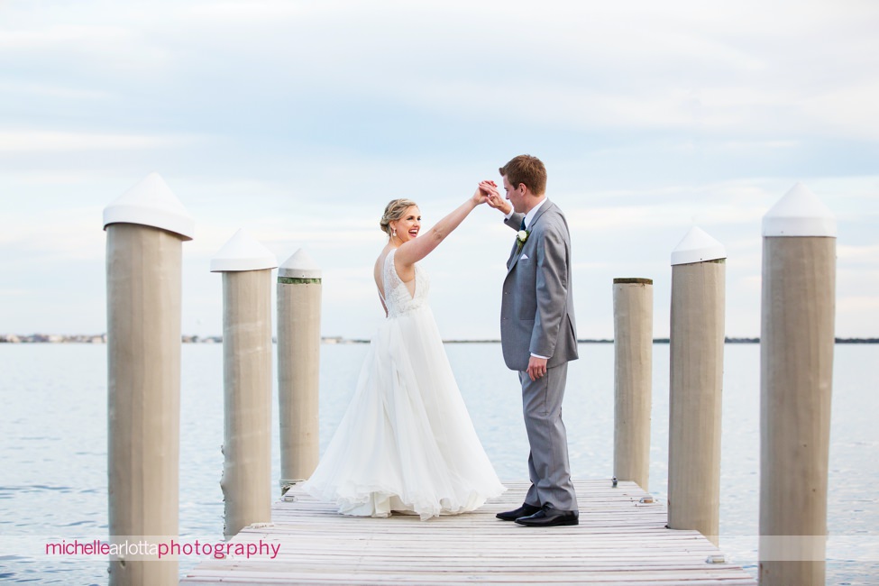 Martell's water's edge New Jersey wedding bride and groom beach portraits