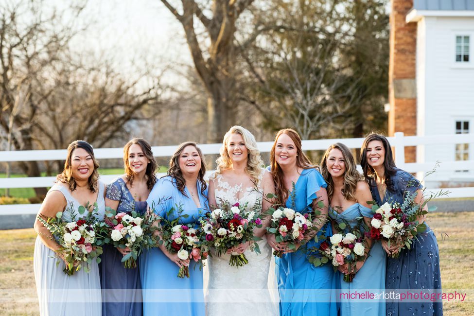 mid winter Ryland Inn coach house wedding nj bridal party bridemaids in blue dresses