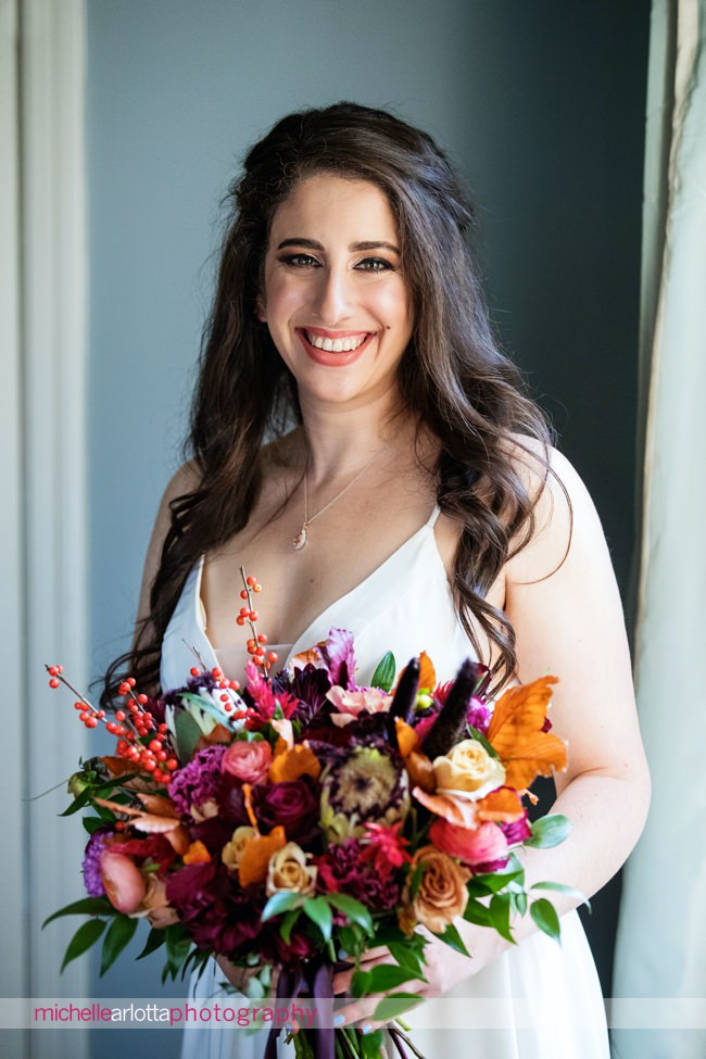 Montclair New Jersey Backyard elopement bride with pink dahlia bouquet