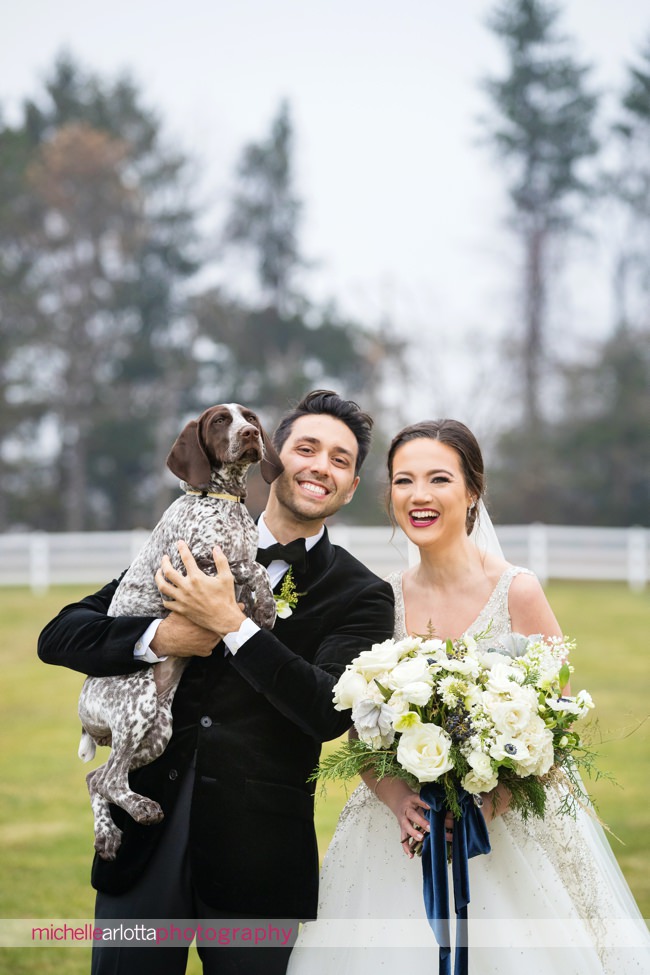Ryland Inn coach house NJ winter wedding bride and groom portrait with dog