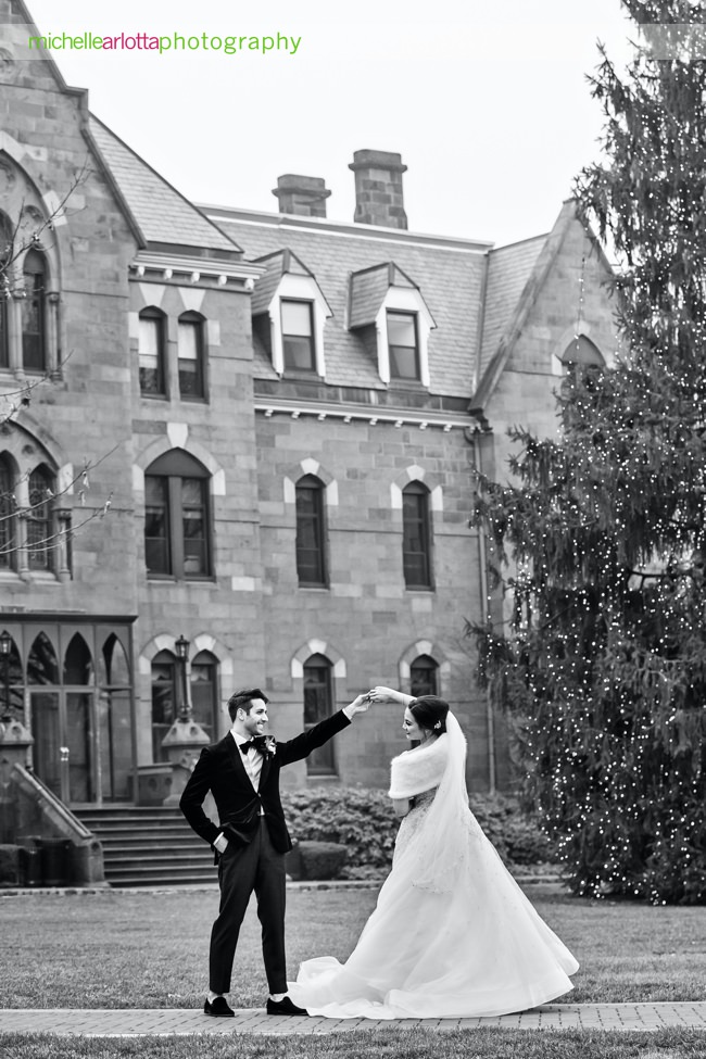 seton hall university chapel NJ winter wedding bride and groom portrait