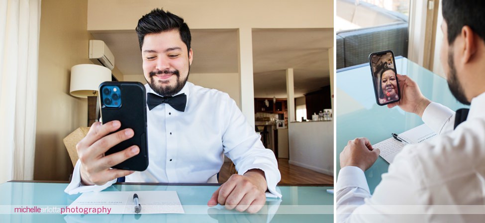 San Diego intimate wedding groom FaceTiming with family back home