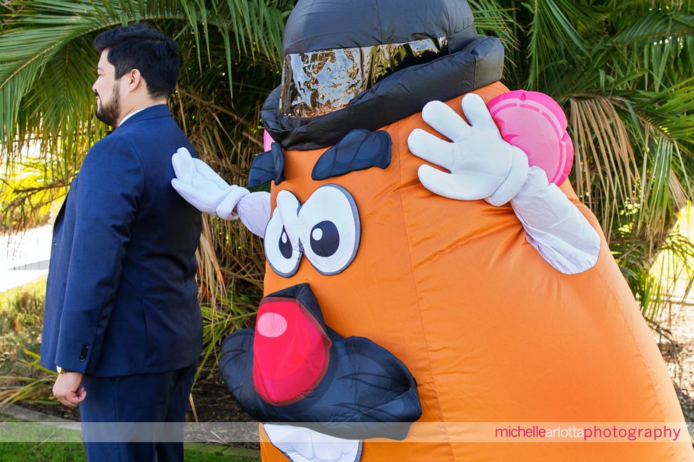 San Diego intimate wedding first look bride dressed up as mr potato head
