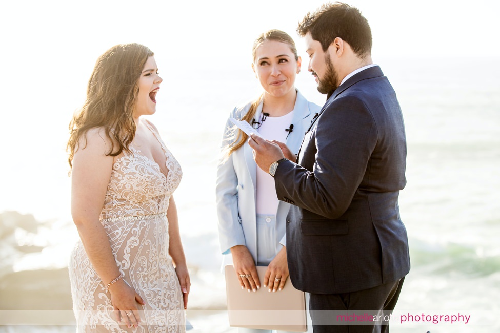 sunset cliffs San Diego intimate wedding ceremony bride reacting