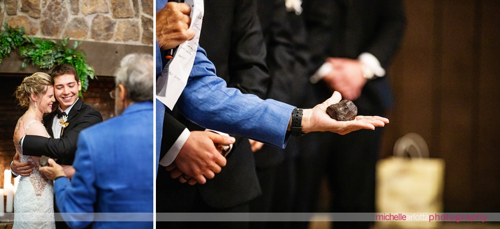 Waterloo village indoor wedding ceremony officiant holds meteorite