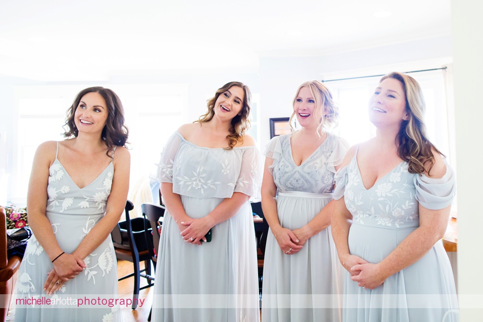 The Gables LBI summer wedding bride prep first look with bridesmaids
