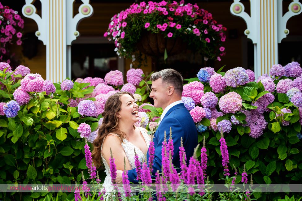 LBI gables NJ wedding bride and groom portraits hydrangeas in bloom