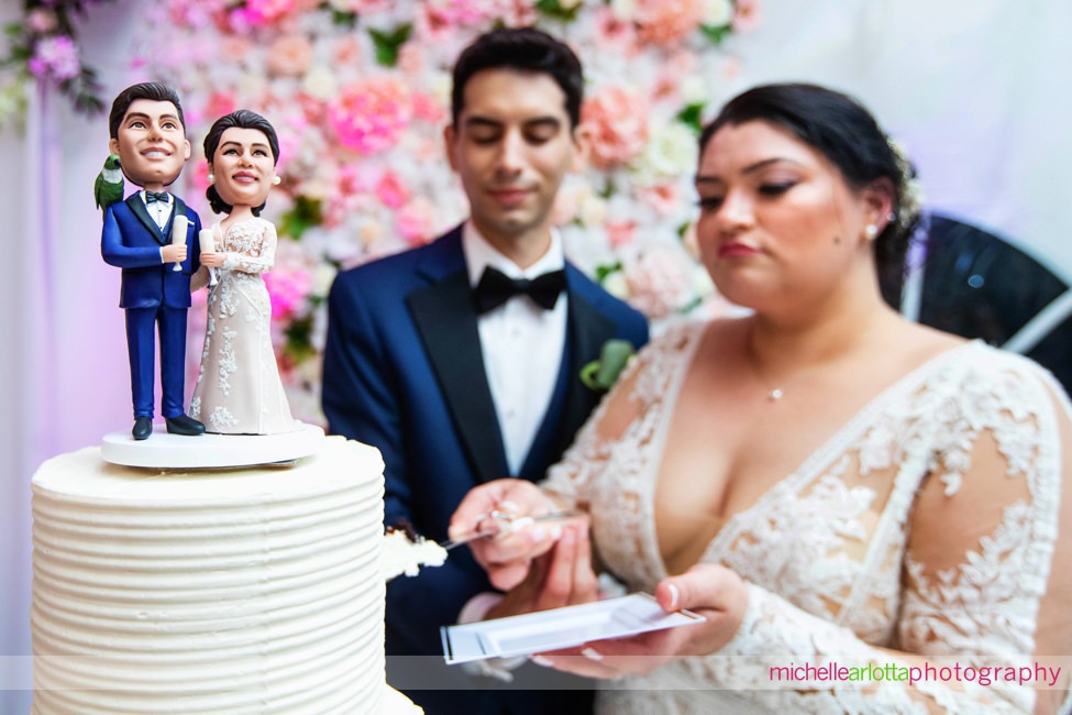 Backyard New Jersey tented wedding reception cake cutting