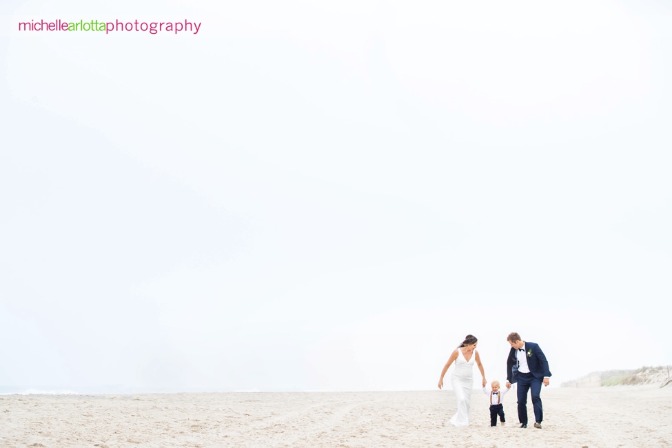 LBI Pearl Street Pavilion NJ wedding bride and groom portraits beach with son