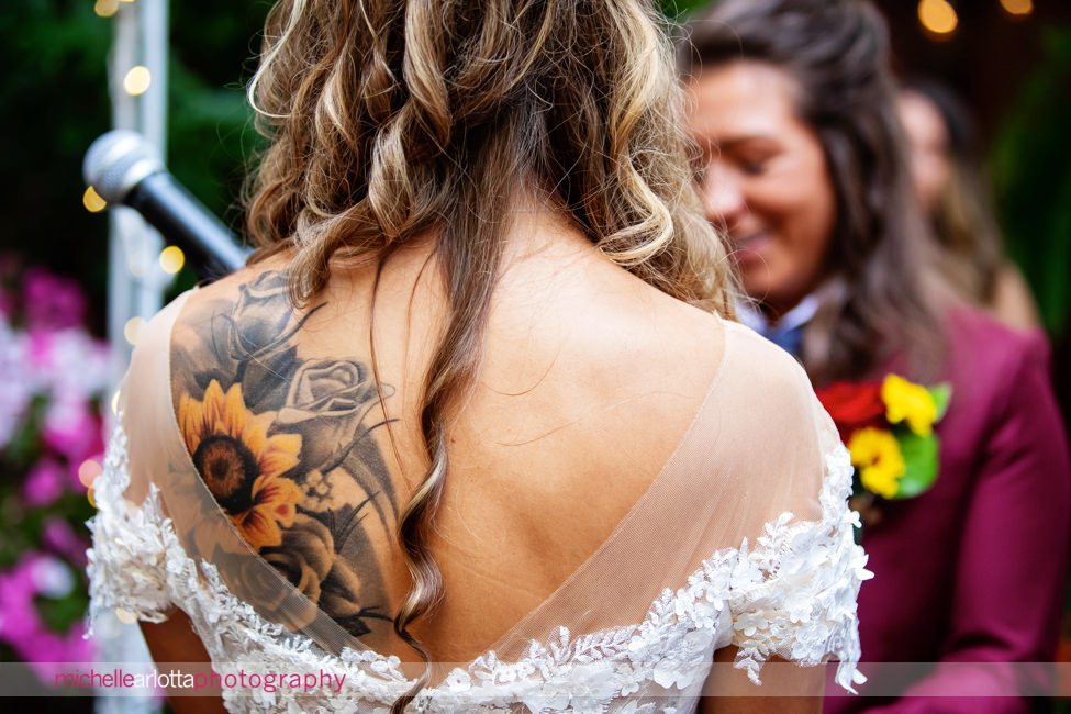 Gables LBI Fall same sex wedding outdoor ceremony NJ sunflower tattoo on bride's back